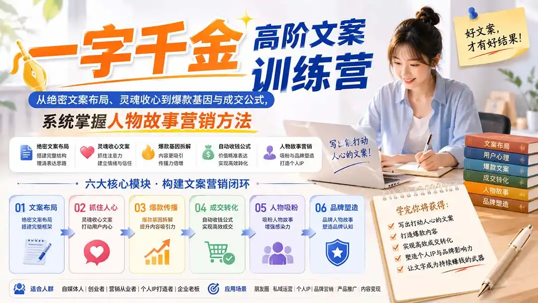 一字千金高阶文案训练营:从绝密文案布局、灵魂收心到爆款基因与成交公式,系统掌握人物故事营销方法-星云网创