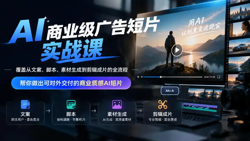AI商业级广告短片实战课，覆盖从文案、脚本、素材生成到剪辑成片的全流程，帮你做出可对外交付的商业质感AI短片-星云网创