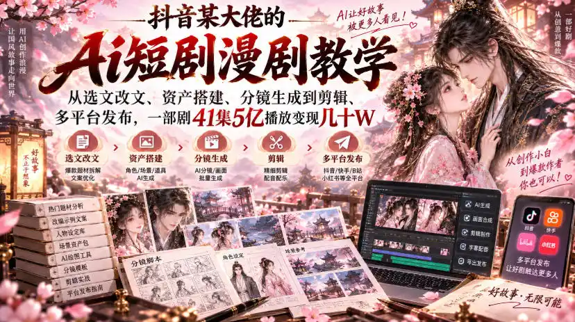 抖音某大佬的Ai短剧漫剧教学，从选文改文、资产搭建、分镜生成到剪辑、多平台发布，一部剧41集5亿播放变现几十W-星云网创