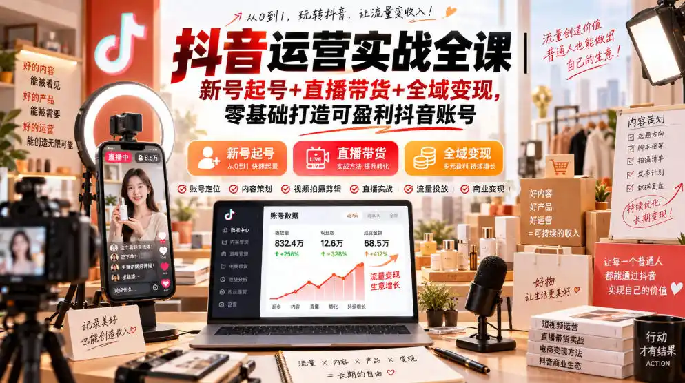 抖音运营实战全课｜新号起号+直播带货+全域变现，零基础打造可盈利抖音账号-星云网创