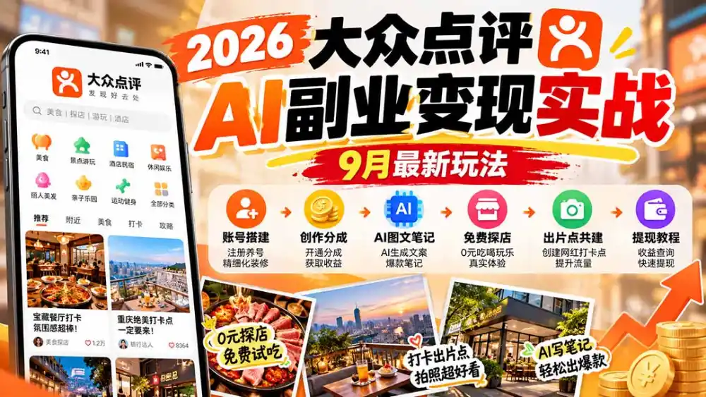 2026大众点评AI副业变现实战9月最新玩法：账号搭建+创作分成+AI图文笔记+免费探店+出片点共建与提现教程-星云网创