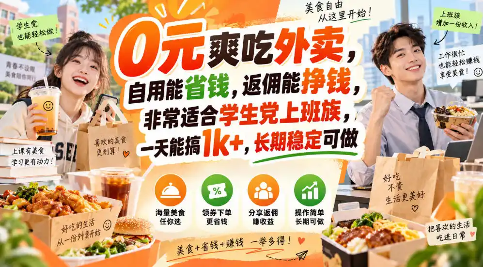 0元爽吃外卖，自用能省钱，返佣能挣钱，非常适合学生党上班族，一天能搞1k+，长期稳定可做-星云网创