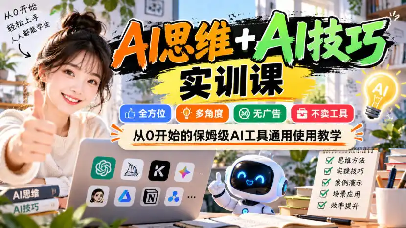 【无水印】AI思维+AI技巧实训课，全方位、多角度、无广告、不卖工具，从0开始的保姆级AI工具通用使用教学-星云网创