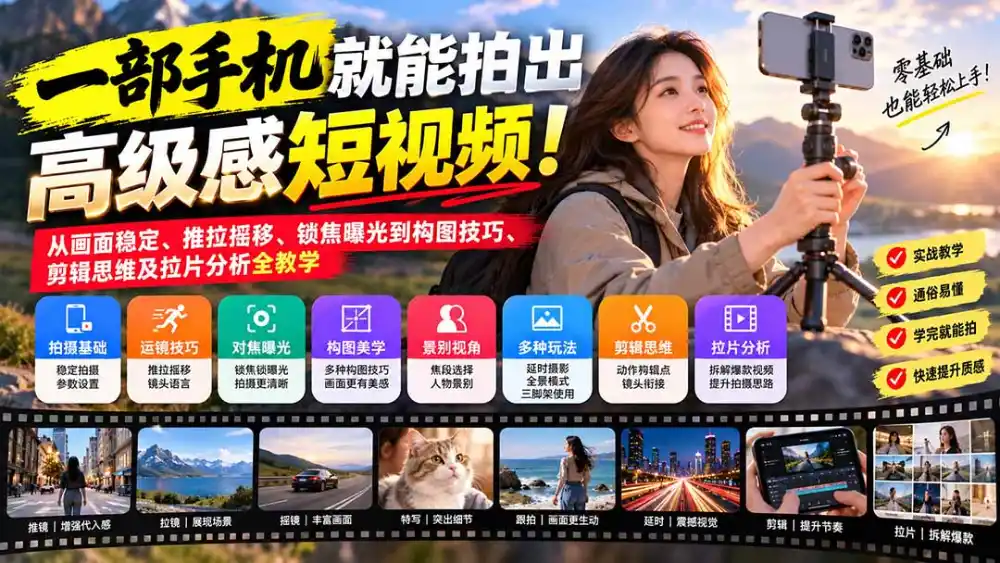 一部手机就能拍出高级感短视频！从画面稳定、推拉摇移、锁焦曝光到构图技巧、剪辑思维及拉片分析全教学-星云网创
