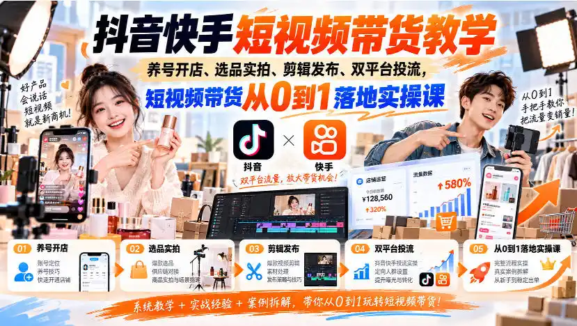 抖音快手短视频带货教学｜养号开店、选品实拍、剪辑发布、双平台投流，短视频带货从0到1落地实操课-星云网创
