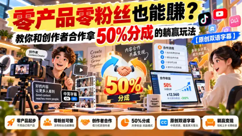 【无水印】零产品零粉丝也能賺？教你和创作者合作拿50%分成的躺赢玩法【原创双语字幕】-星云网创