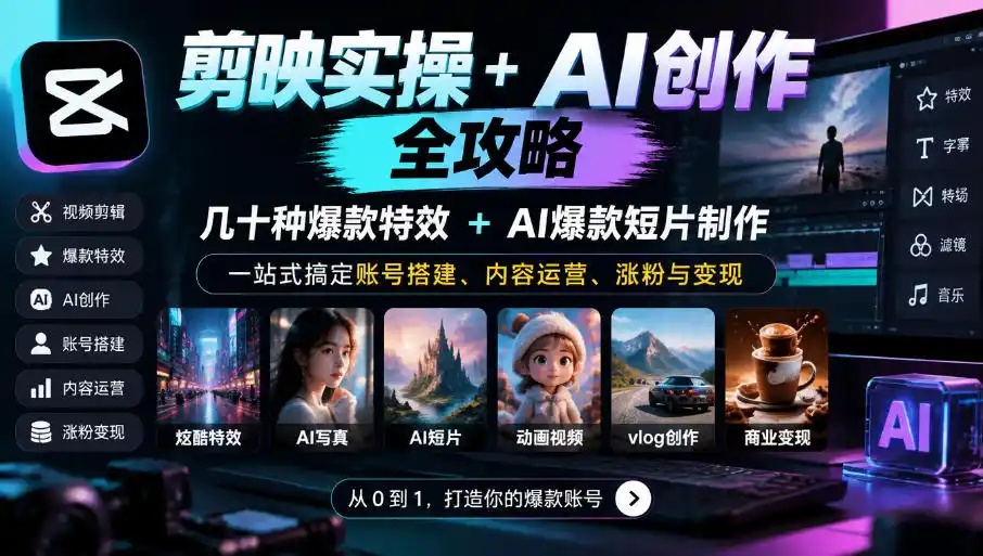 剪映实操+AI创作全攻略｜几十种爆款特效+AI爆款短片制作，一站式搞定账号搭建、内容运营、涨粉与变现-星云网创