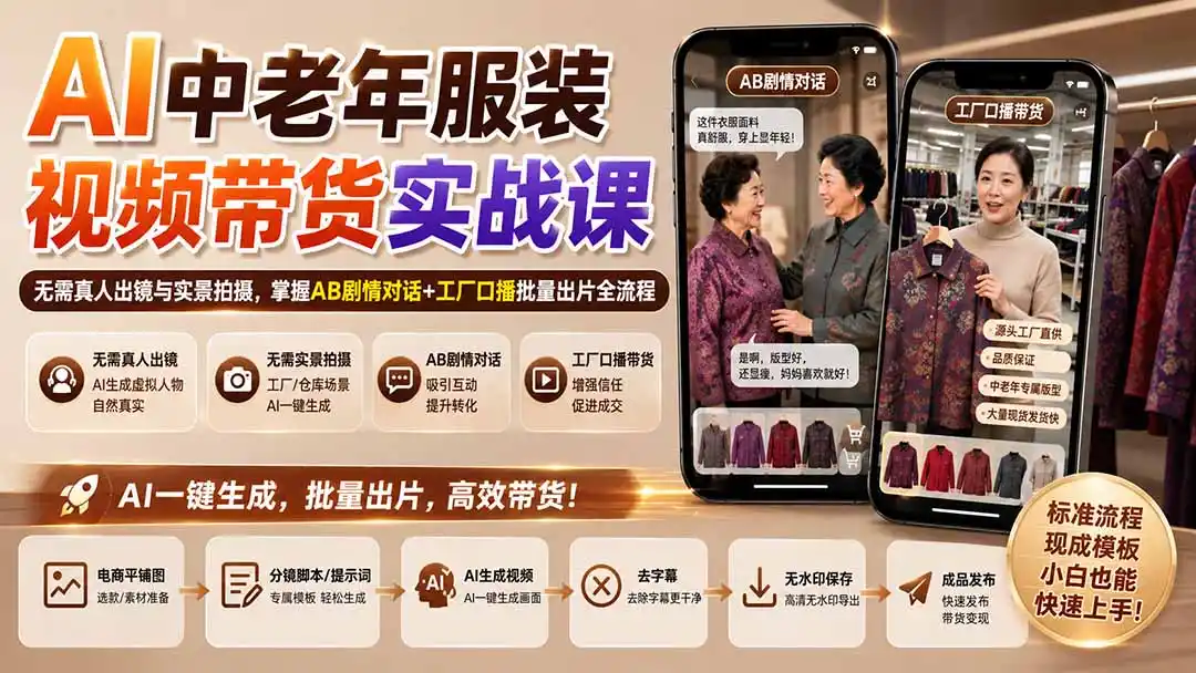 AI中老年服装视频带货实战课：无需真人出镜与实景拍摄，掌握AB剧情对话+工厂口播批量出片全流程-星云网创