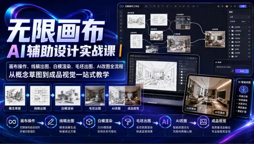无限画布AI辅助设计实战课|画布操作、线稿出图、白模渲染、毛坯出图、AI改图全流程,从概念草图到成品视觉一站式教学(更新0923)-星云网创