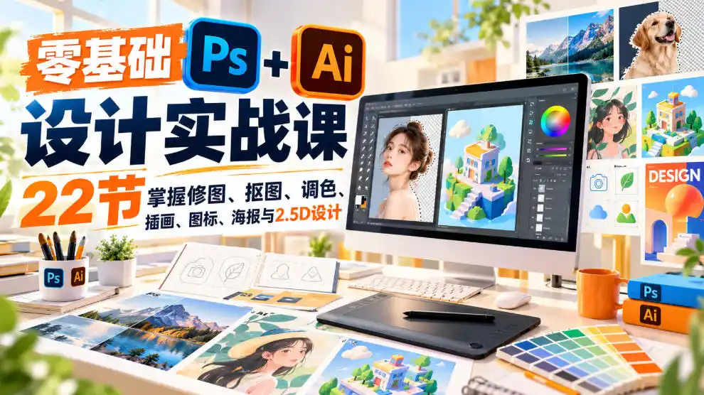 【无水印】零基础PS+AI设计实战课｜22节掌握修图、抠图、调色、插画、图标、海报与2.5D设计-星云网创