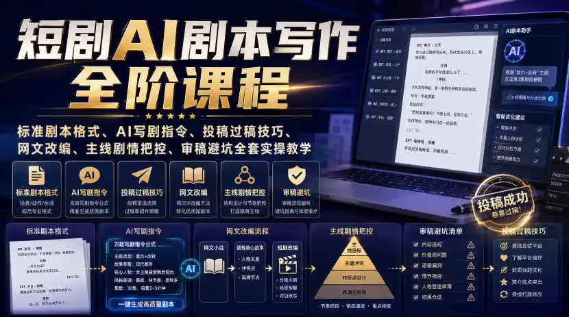 短剧AI剧本写作全阶课程｜标准剧本格式、AI写剧指令、投稿过稿技巧、网文改编、主线剧情把控、审稿避坑全套实操教学-星云网创
