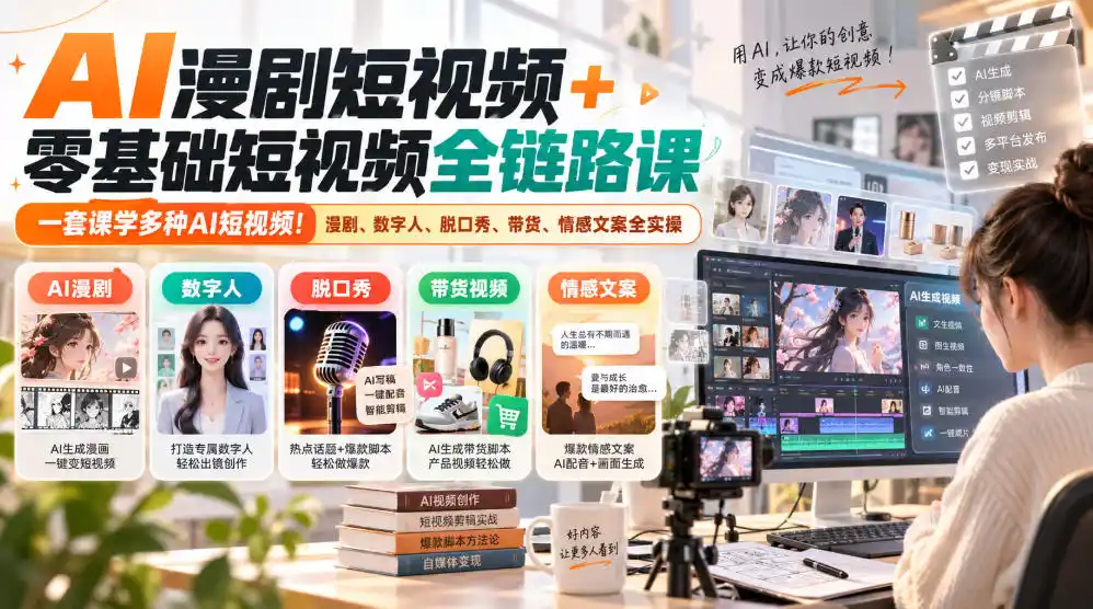 AI漫剧短视频+零基础短视频全链路课，一套课学多种AI短视频！漫剧、数字人、脱口秀、带货、情感文案全实操-星云网创