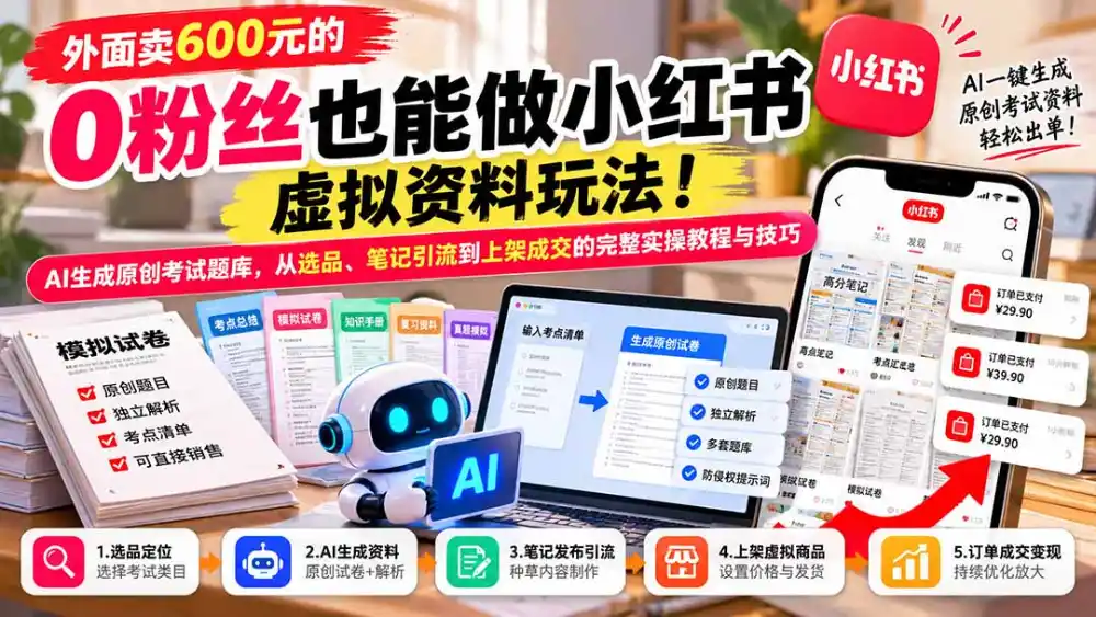 外面卖600元的 零粉丝也能做小红书虚拟资料玩法！AI生成原创考试题库，从选品、笔记引流到上架成交的完整实操教程-星云网创