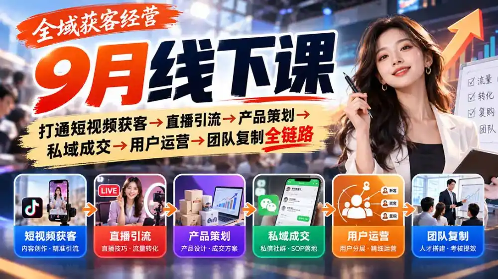 全域获客经营9月线下课:打通短视频获客→直播引流→产品策划→私域成交→用户运营→团队复制全链路-星云网创
