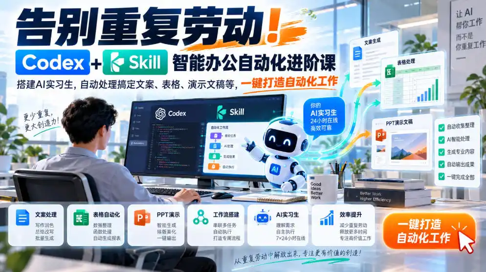 告别重复劳动！Codex+Skill智能办公自动化进阶课｜搭建AI实习生，自动处理搞定文案、表格、演示文稿等，一键打造自动化工作-星云网创