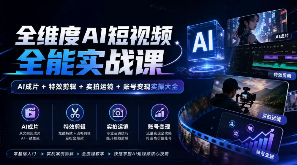 全维度AI短视频全能实战课,AI成片+特效剪辑+实拍运镜+账号变现实操大全-星云网创