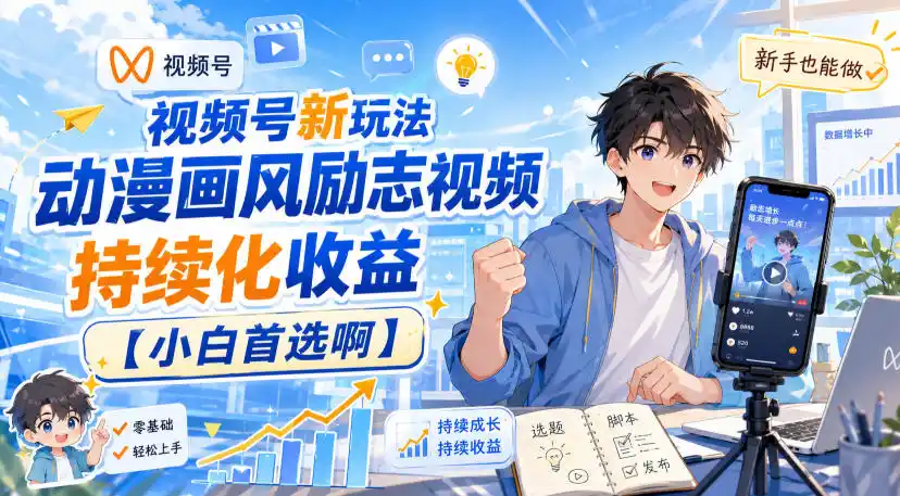 视频号新玩法动漫画风励志视频，持续化收益【小白首选啊】-星云网创