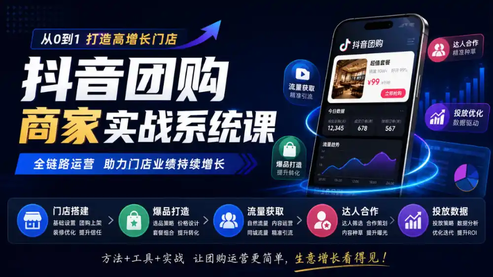 抖音团购商家实战系统课｜门店搭建、爆品打造、流量获取、达人合作、投放数据全链路运营-星云网创