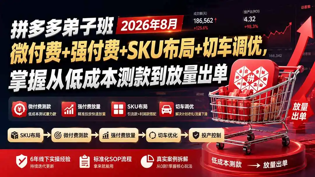 拼多多弟子班2026年8月：微付费+强付费+SKU布局+切车调优，掌握从低成本测款到放量出单-星云网创