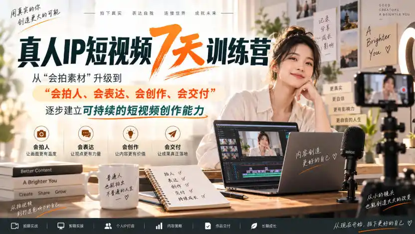 真人IP短视频7天训练营，从“会拍素材”升级到“会拍人、会表达、会创作、会交付”，逐步建立可持续的短视频创作能力-星云网创