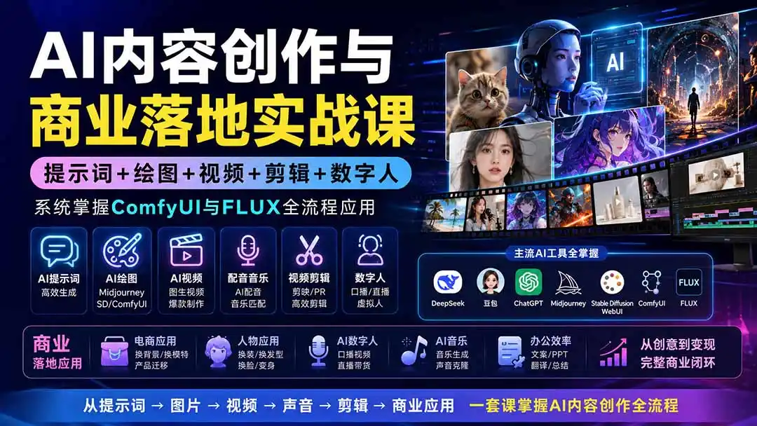 AI内容创作与商业落地实战课：提示词+绘图+视频+剪辑+数字人，系统掌握ComfyUI与FLUX全流程应用-星云网创