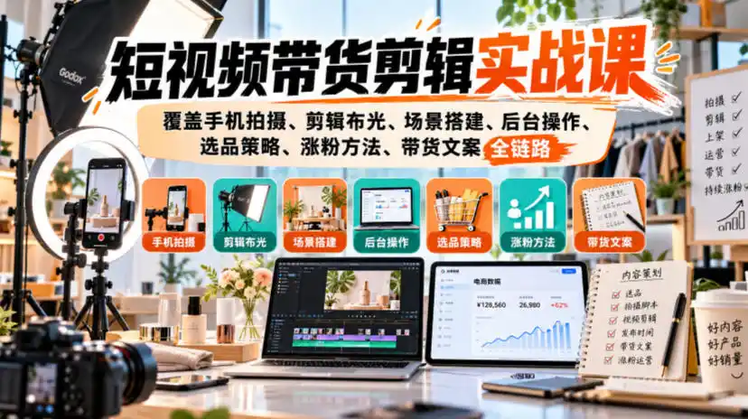 短视频带货剪辑实战课，覆盖手机拍摄、剪辑布光、场景搭建、后台操作、选品策略、涨粉方法、带货文案全链路-星云网创
