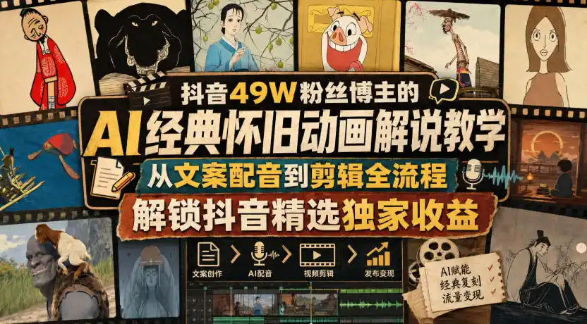 抖音49W粉丝博主的AI经典怀旧动画解说教学，从文案配音到剪辑全流程，解锁抖音精选独家收益-星云网创