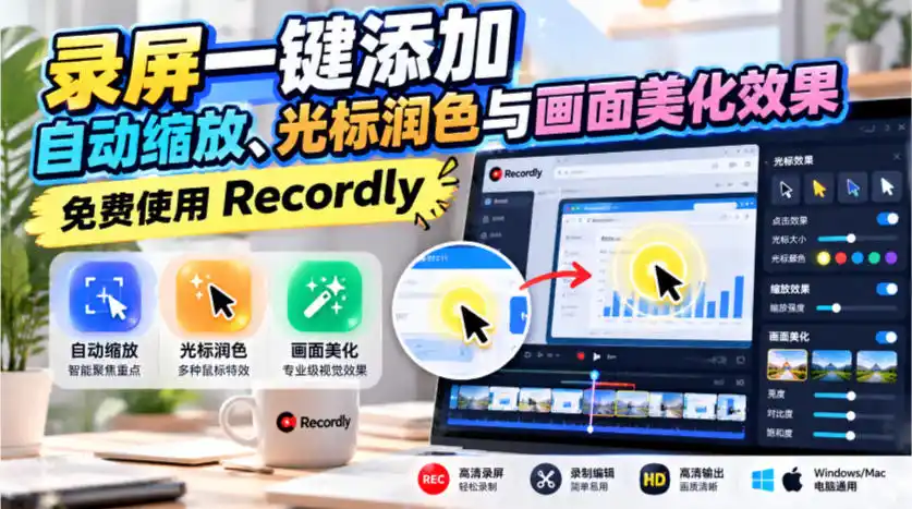 录屏一键添加自动缩放、光标润色与画面美化效果，免费使用Recordly-星云网创