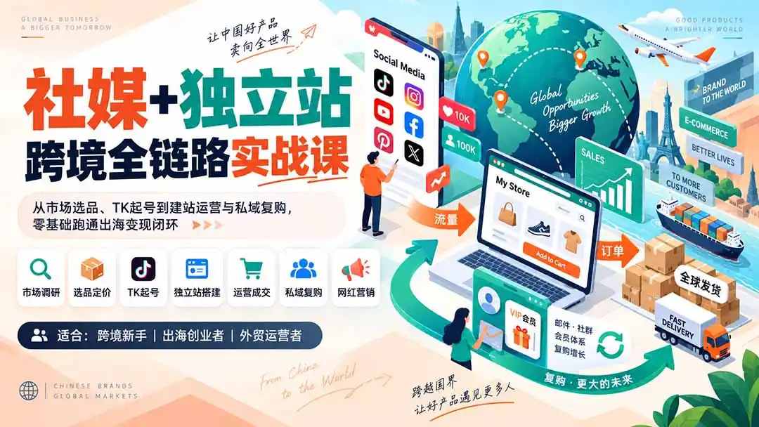 社媒+独立站跨境全链路实战课：从市场选品、TK起号到建站运营与私域复购，零基础跑通出海变现闭环-星云网创