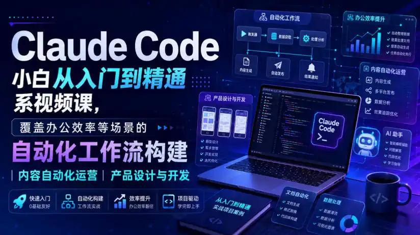 Claude Code小白从入门到精通系视频课，覆盖办公效率等场景的自动化工作流构建|内容自动化运营|产品设计与开发-星云网创