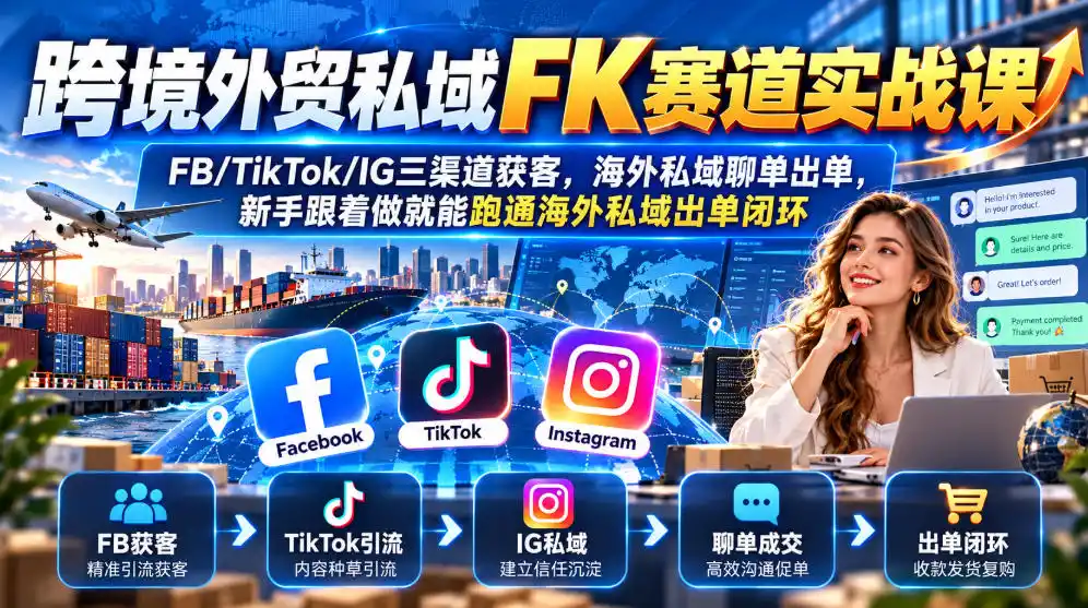 跨境外贸私域FK赛道实战课｜FB/TikTok/IG三渠道获客，海外私域聊单出单，新手跟着做就能跑通海外私域出单闭环-星云网创