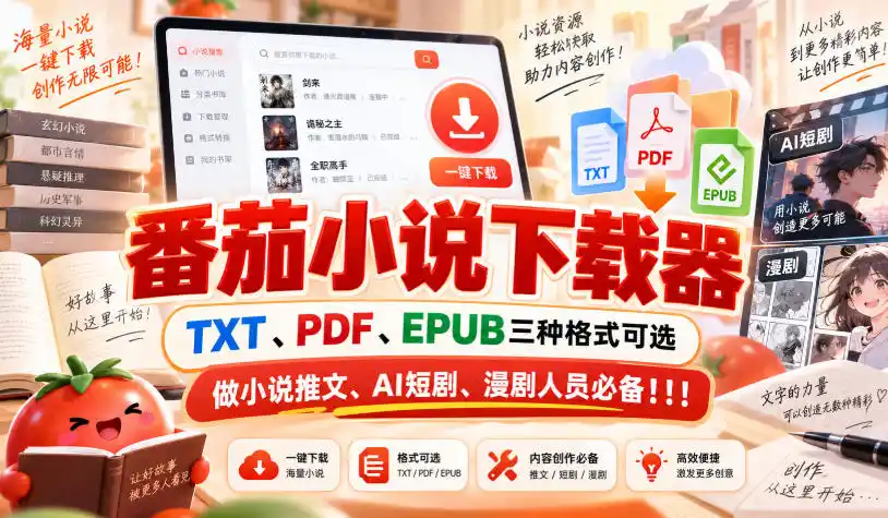 番茄小说下载器，TXT、PDF、EPUB三种格式可选，做小说推文、AI短剧、漫剧人员必备！！！-星云网创