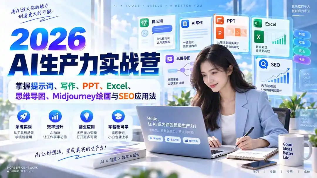 2026AI生产力实战营：掌握提示词、写作、PPT、Excel、思维导图、Midjourney绘画与SEO应用法-星云网创
