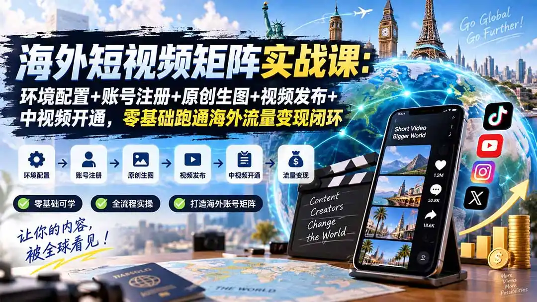 海外短视频矩阵实战课：环境配置+账号注册+原创生图+视频发布+中视频开通，零基础跑通海外流量变现闭环-星云网创