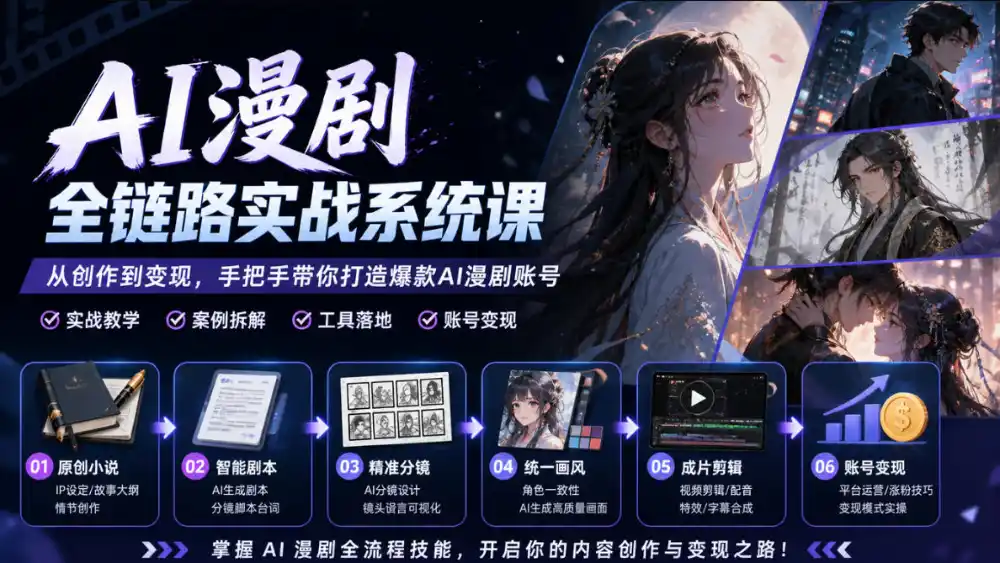 AI漫剧全链路实战系统课｜原创小说、智能剧本、精准分镜、统一画风、成片剪辑、账号变现实操教学-星云网创