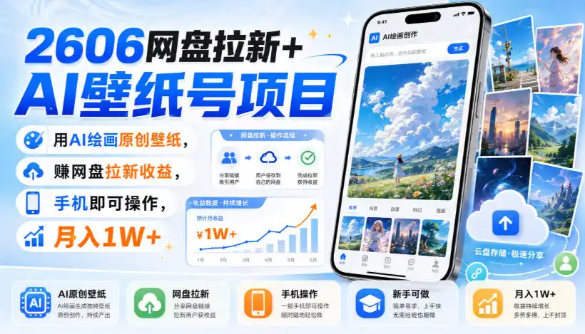 2606网盘拉新+AI壁纸号项目，用AI绘画原创壁纸，賺网盘拉新收益，手机即可操作，月入1W+-星云网创