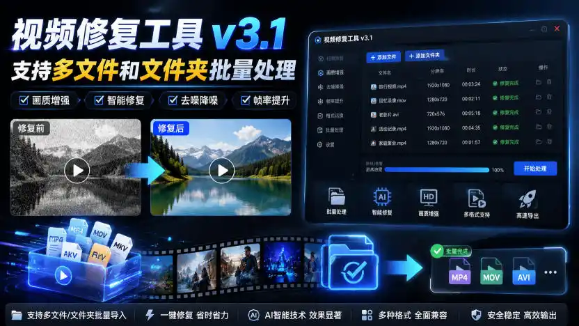 视频修复工具v3.1，支持多文件和文件夹批量处理-星云网创