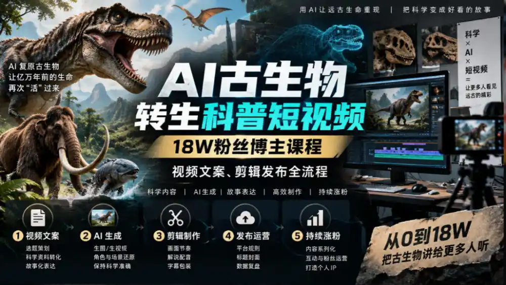 AI古生物转生科普短视频，18W粉丝博主课程，视频文案、剪辑发布全流程-星云网创
