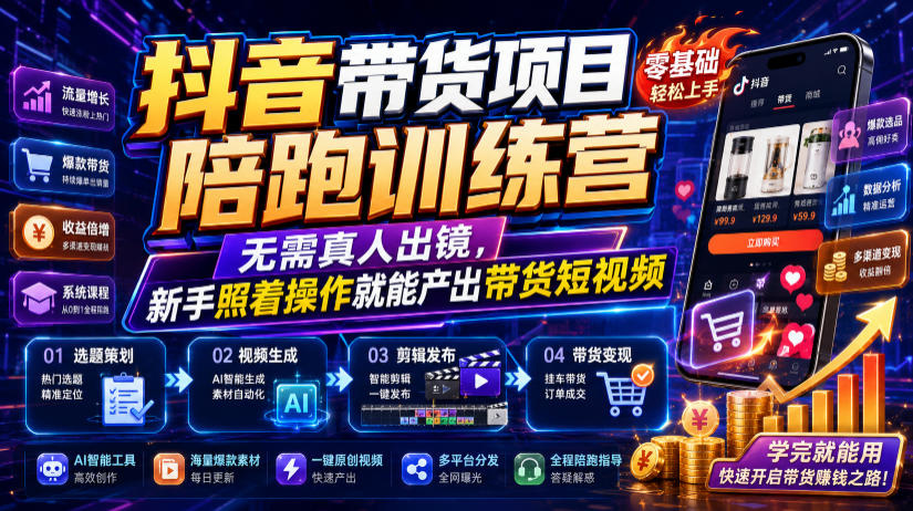 抖音带货项目陪跑训练营，无需真人出镜，新手照着操作就能产出带货短视频-星云网创