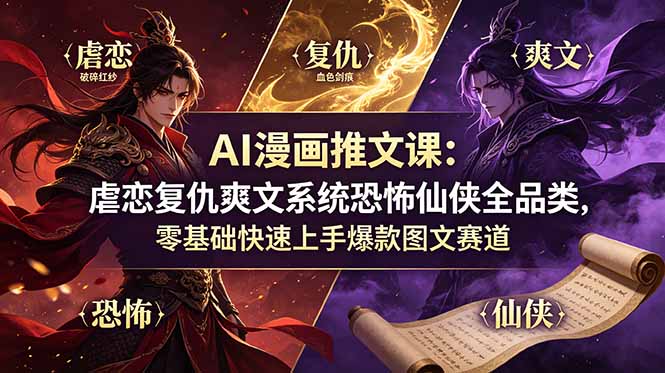 AI漫画推文课：虐恋复仇爽文系统恐怖仙侠全品类，零基础快速上手爆款图文赛道-星云网创