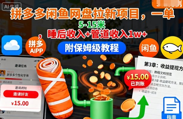 拼多多闲鱼网盘拉新项目，一单5-15米，睡后收入+管道收入1w+(附保姆级教程)-柚子轻创