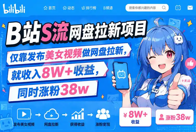 B站S流网盘拉新项目，仅靠发布美女视频做网盘拉新，就收入8W+收益，同时涨粉38w-星云网创