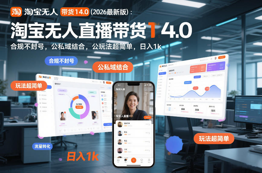 淘宝无人直播带货14.0(2026最新版)：合规不封号，公私域结合，玩法超简单，日入1k+【揭秘】-问题不大网创