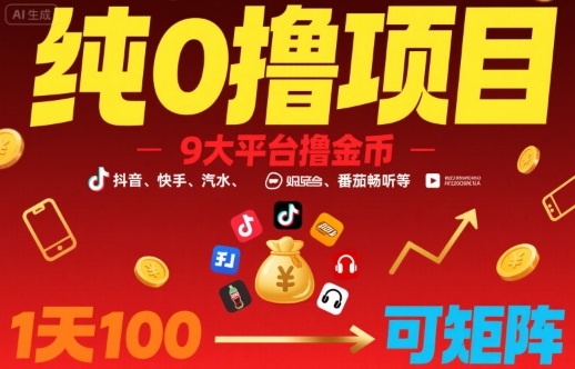 纯0撸项目，9大平台撸金币，抖音，快手，汽水，番茄畅听等，1天100，可矩阵-星云网创