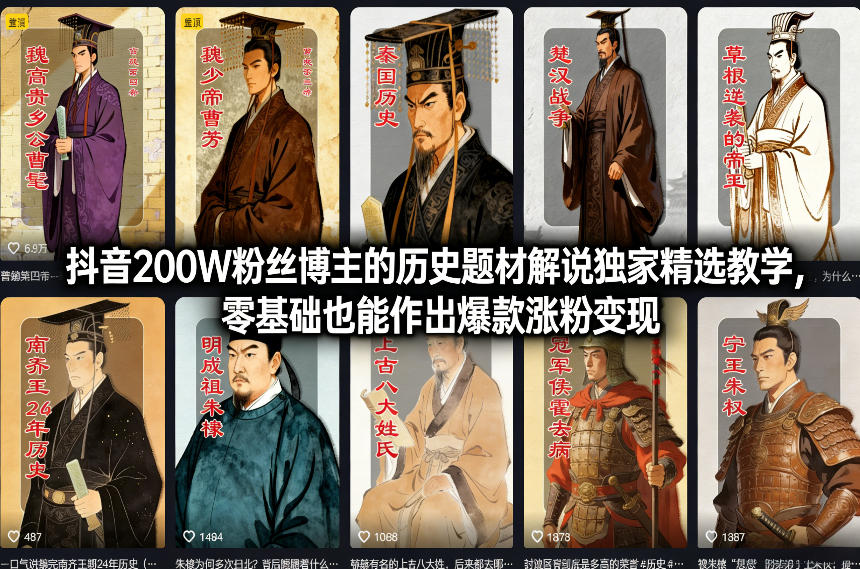 抖音200W粉丝博主的历史题材解说独家精选教学，零基础也能作出爆款涨粉变现-星云网创