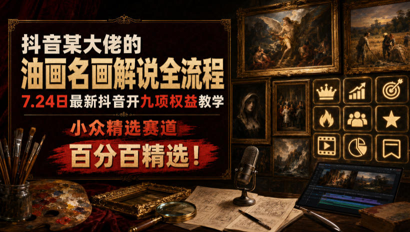抖音某大佬的油画名画解说全流程，7.24日最新抖音开九项权益教学，小众精选赛道，百分百精选！-星云网创