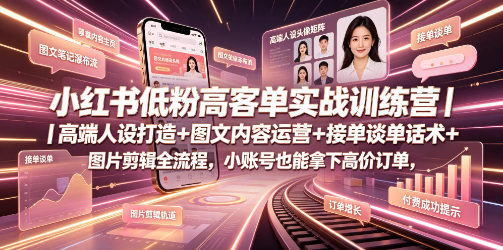 小红书低粉高客单实战训练营｜高端人设打造+图文内容运营+接单谈单话术+图片剪辑全流程，小账号也能拿下高价订单-星云网创