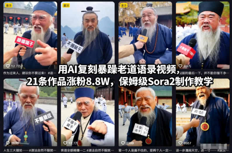 用AI复刻暴躁老道语录视频，21条作品涨粉8.8W，保姆级Sora2制作教学-翻身路网创