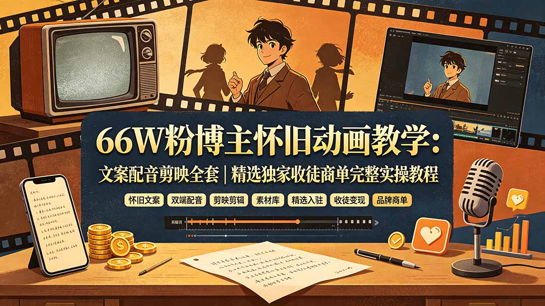 66W粉博主怀旧动画教学：文案配音剪映全套｜精选独家收徒商单完整实操教程-星云网创