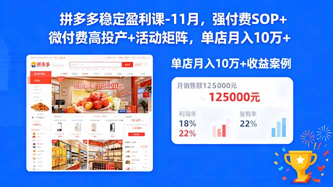 拼多多稳定盈利课-11月，强付费SOP+微付费高投产+活动矩阵，单店月入10w+-星云网创